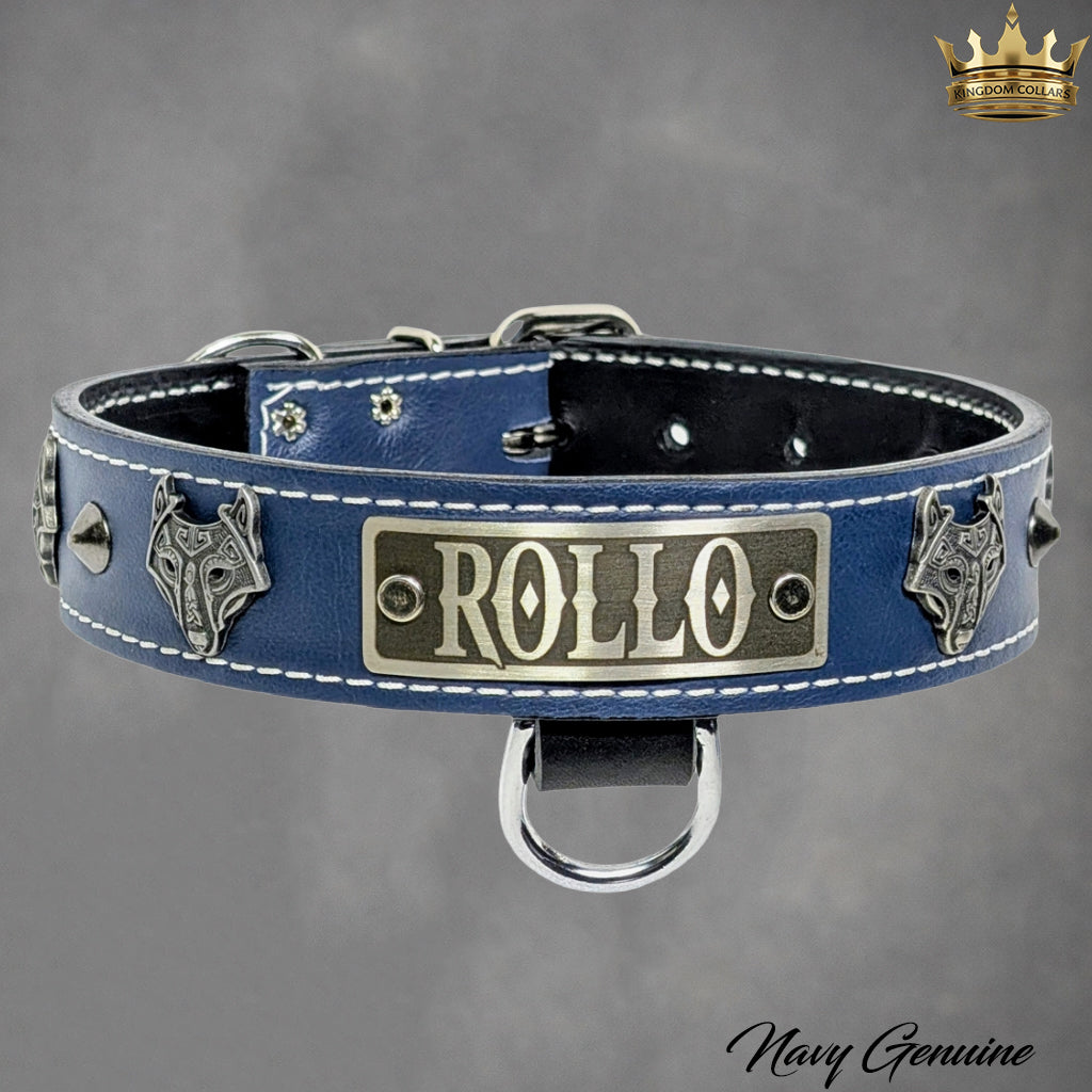 TV16 - Custom Made 1.5" Wide Italian Leather “Viking Wolf” Dog Collar