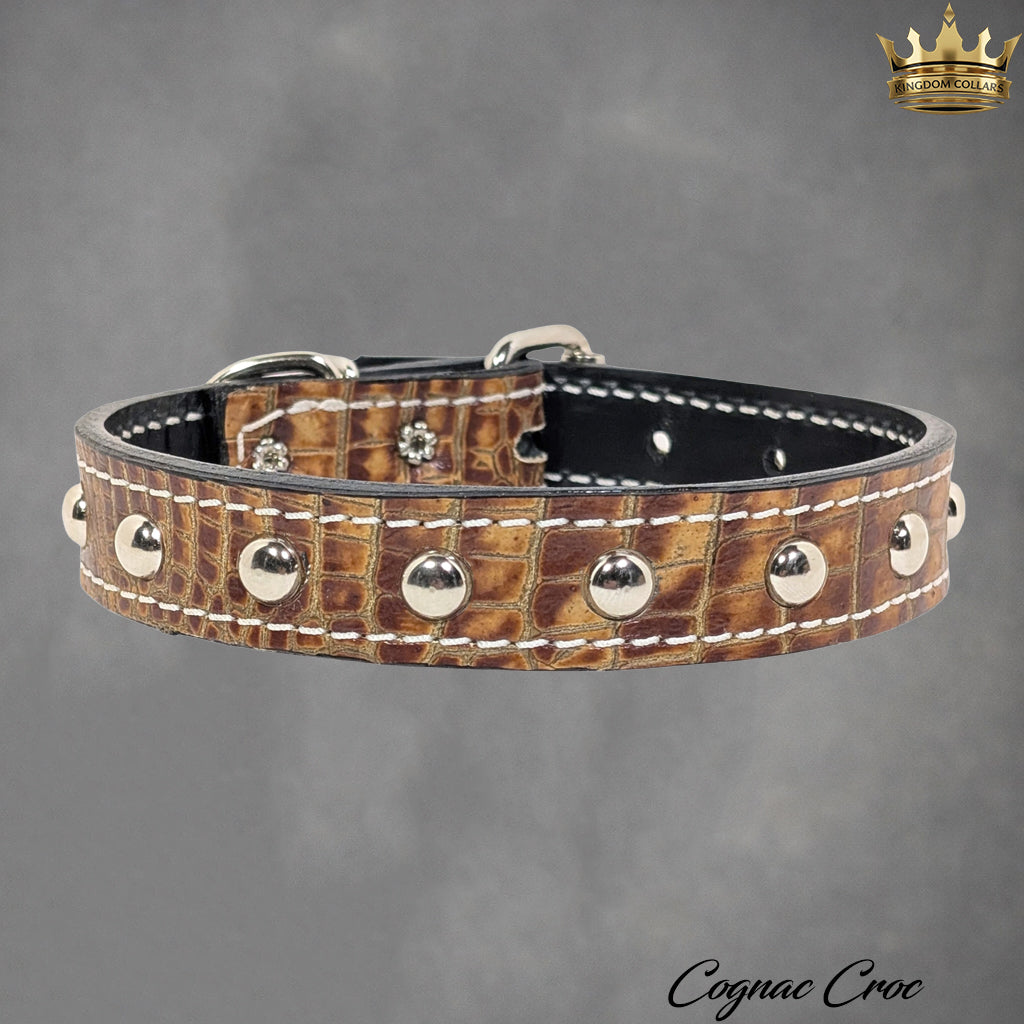 1" Wide Personalized Italian Leather Studded Dog Collar | Engraved Name Plate