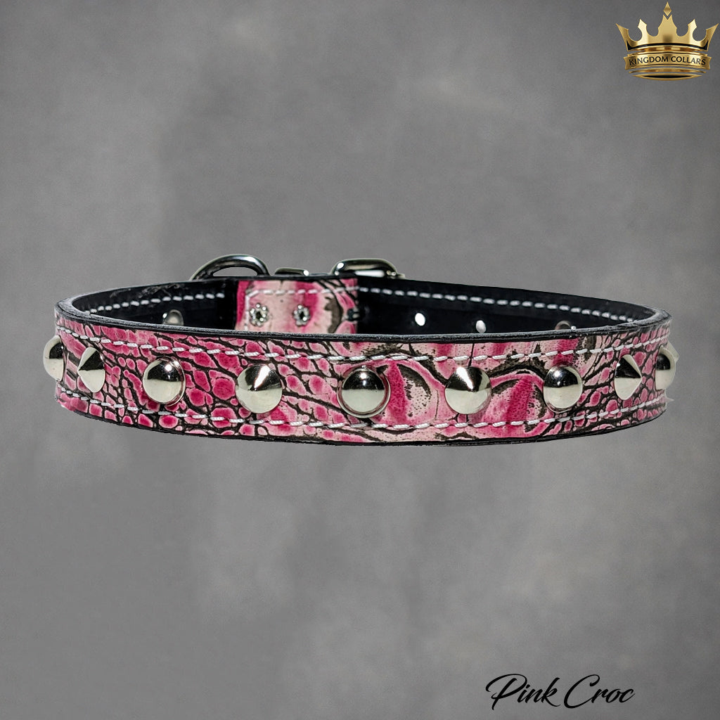 1" Wide Personalized Italian Leather Studded Dog Collar | Engraved Name Plate