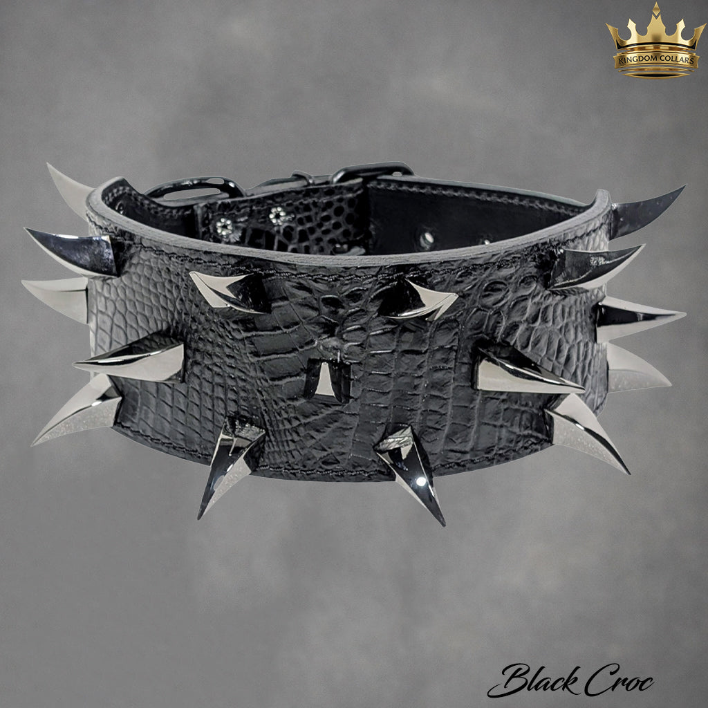 X24 – 2.5"–3" Wide Italian Leather Dog Collar | Dragon Claw Spikes