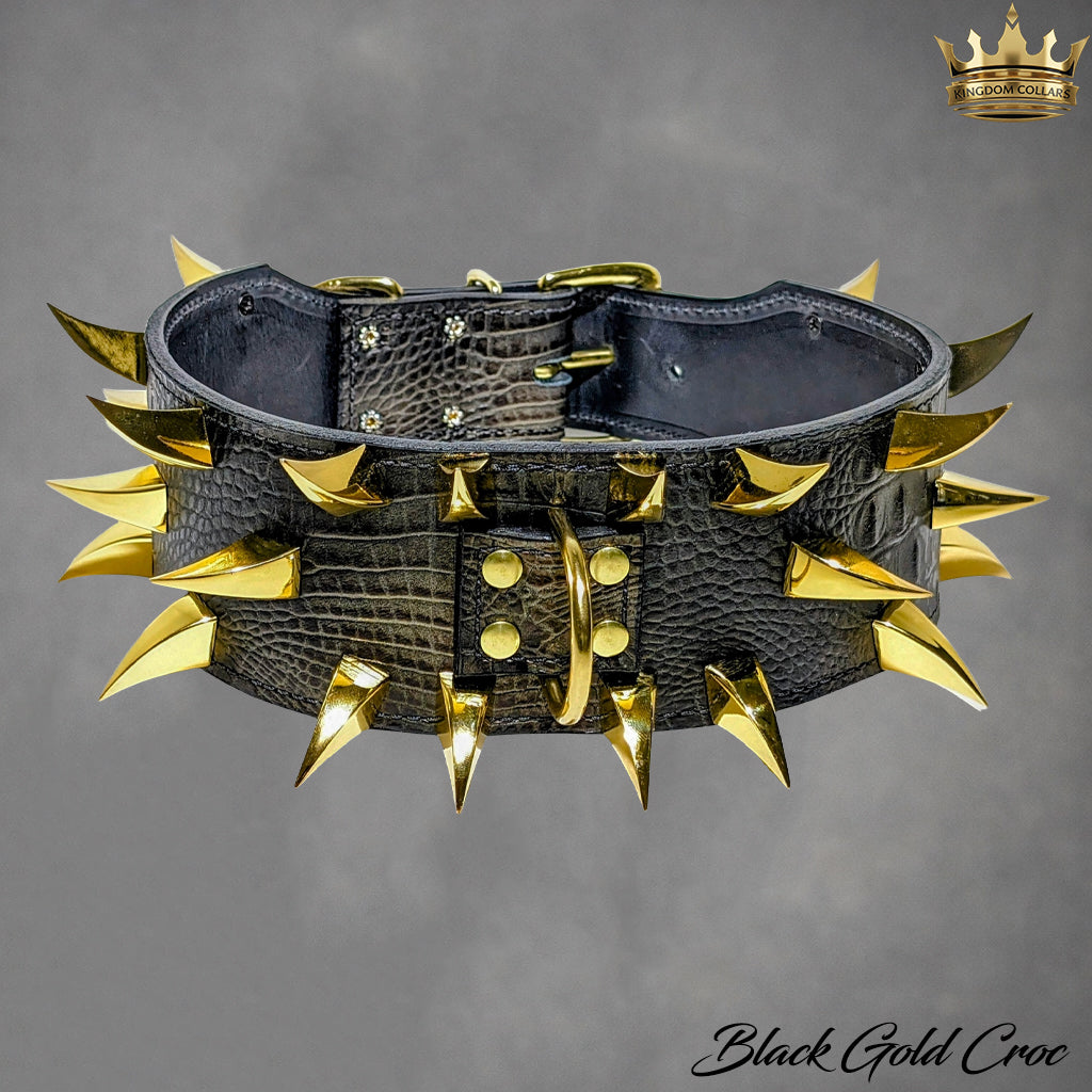 X24 – 2.5"–3" Wide Italian Leather Dog Collar | Dragon Claw Spikes