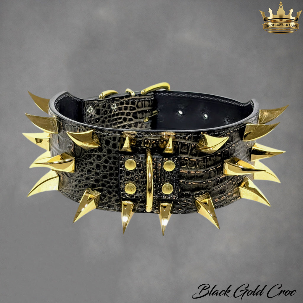 X24 – 2.5"–3" Wide Italian Leather Dog Collar | Dragon Claw Spikes