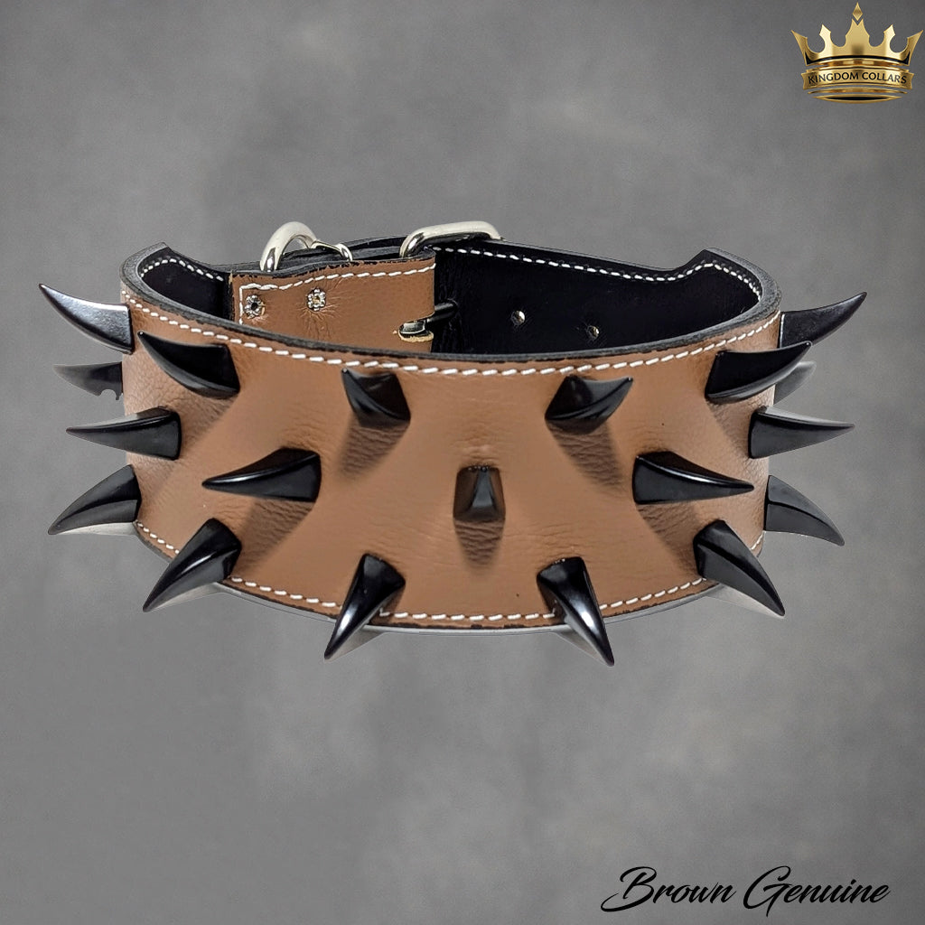 X24 – 2.5"–3" Wide Italian Leather Dog Collar | Dragon Claw Spikes