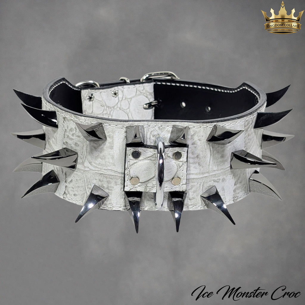 X24 – 2.5"–3" Wide Italian Leather Dog Collar | Dragon Claw Spikes