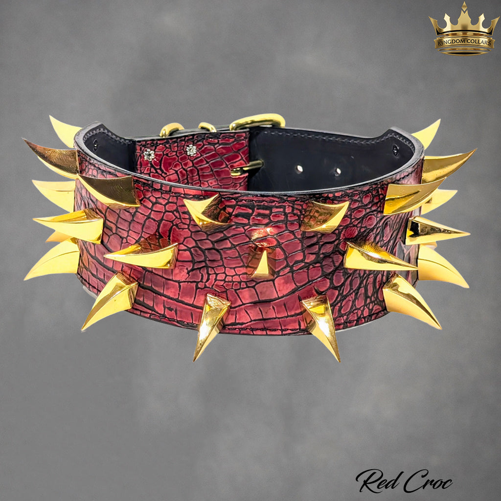 X24 – 2.5"–3" Wide Italian Leather Dog Collar | Dragon Claw Spikes