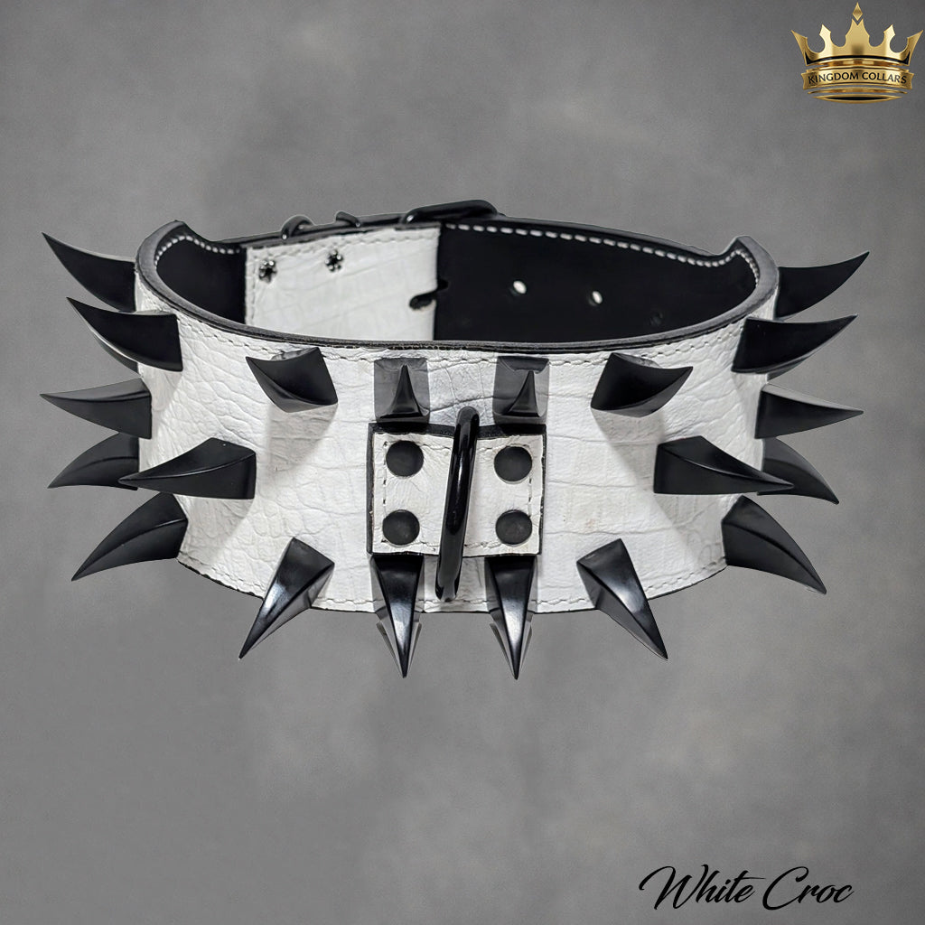 X24 – 2.5"–3" Wide Italian Leather Dog Collar | Dragon Claw Spikes