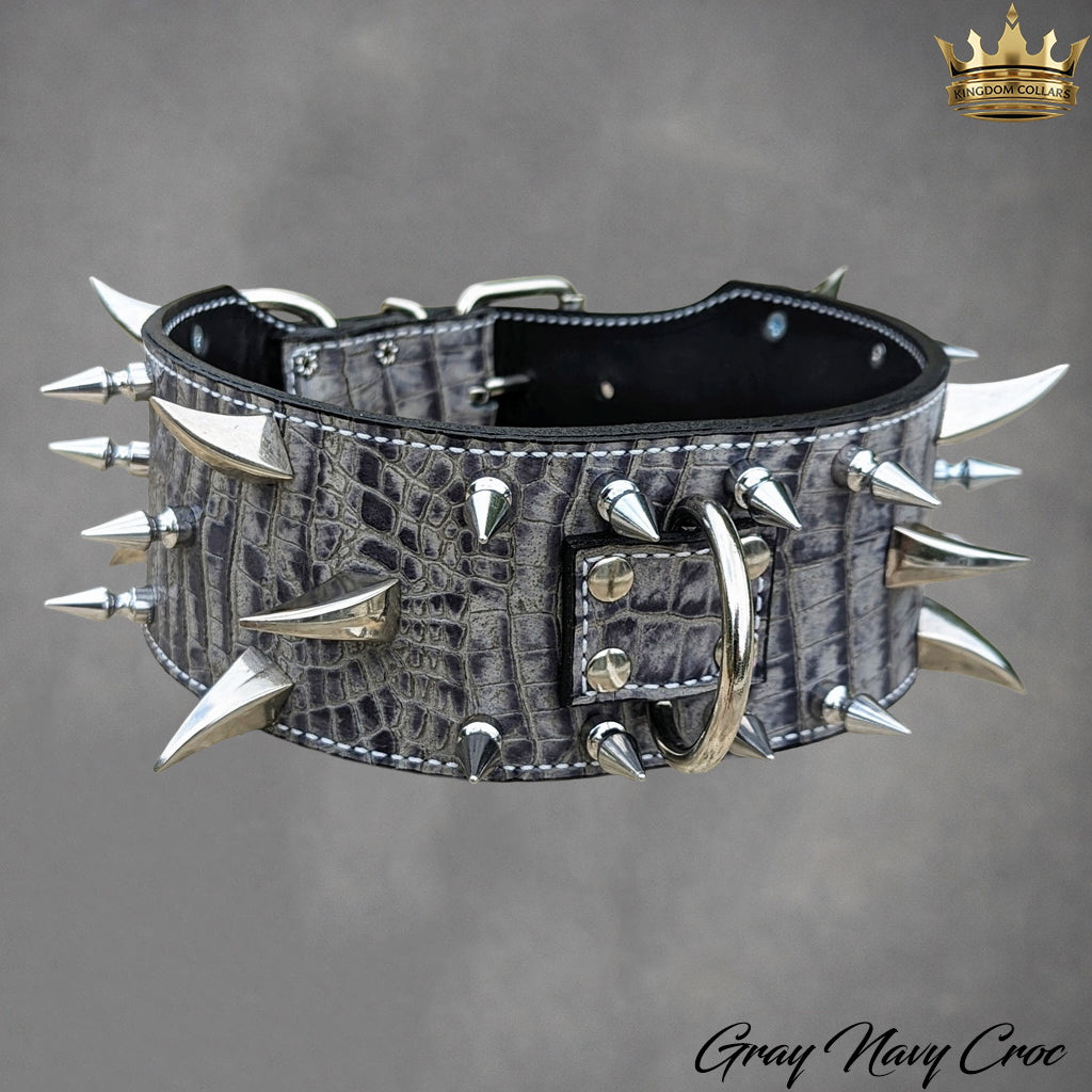 XC30 – 2.5"–3" Wide Italian Leather Spiked Dog Collar | Dragon Claw & Tree Spikes