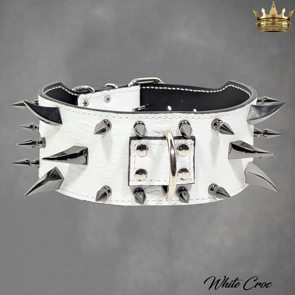 XC30 – 2.5"–3" Wide Italian Leather Spiked Dog Collar | Dragon Claw & Tree Spikes