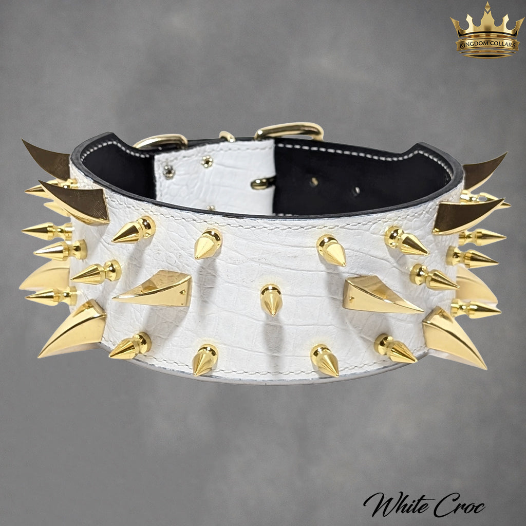 XC30 – 2.5"–3" Wide Italian Leather Spiked Dog Collar | Dragon Claw & Tree Spikes