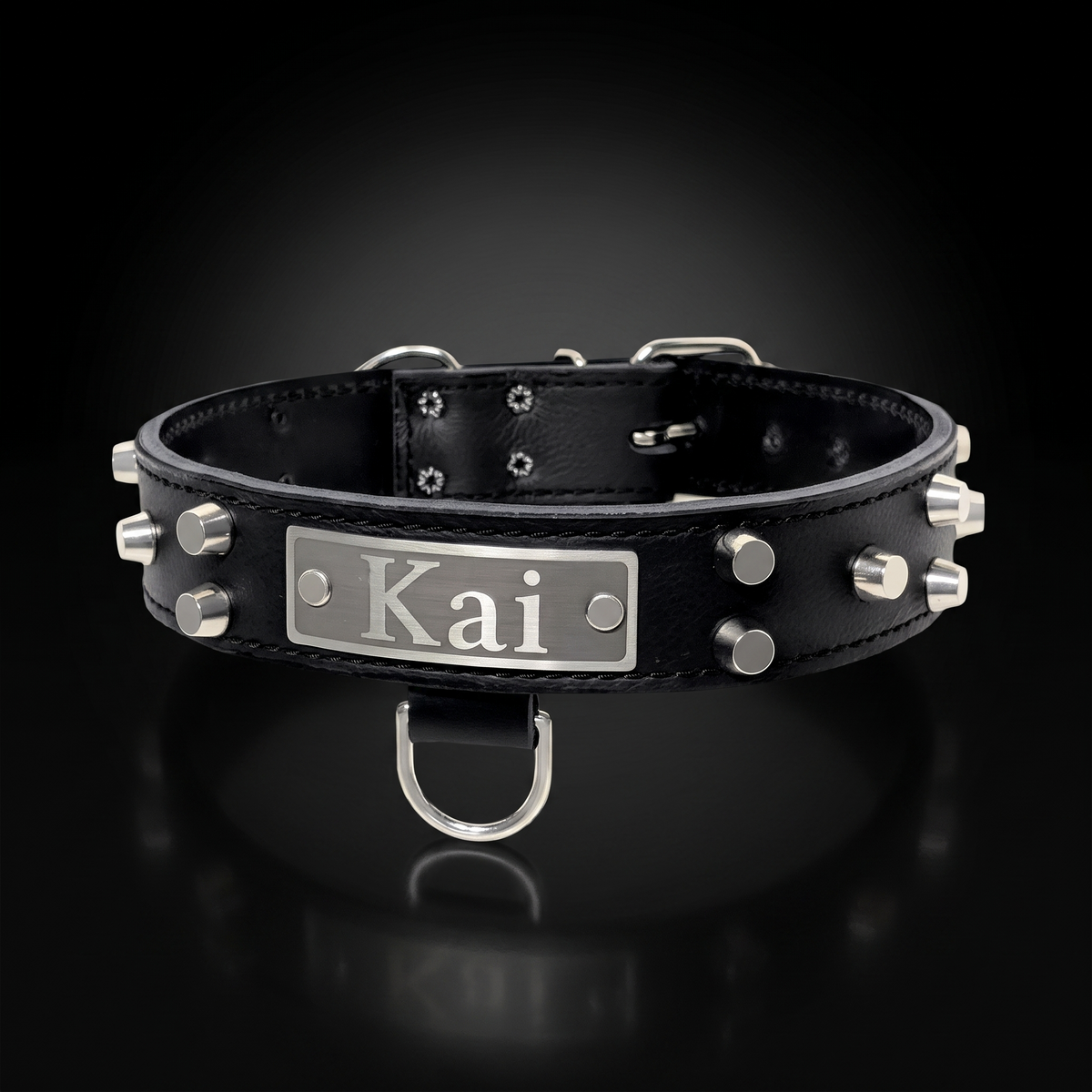 1.5"-black bucket stud leather dog collar with engraved name plate by Kingdom Collars