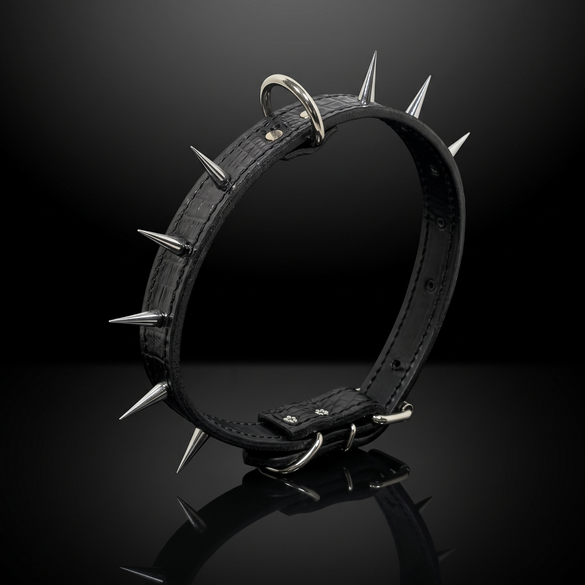 1-inch wide cone spiked Italian leather dog collar handcrafted by Kingdom Collars