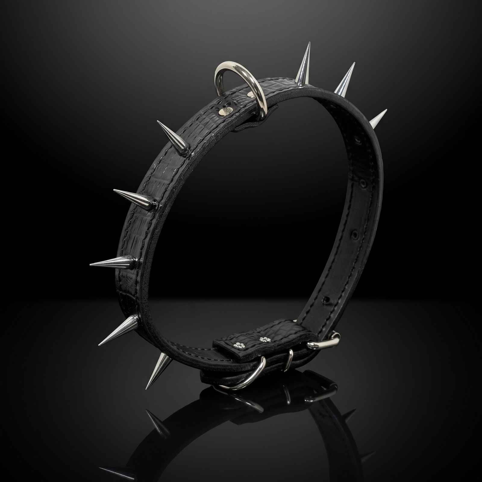 1-inch wide cone spiked Italian leather dog collar handcrafted by Kingdom Collars