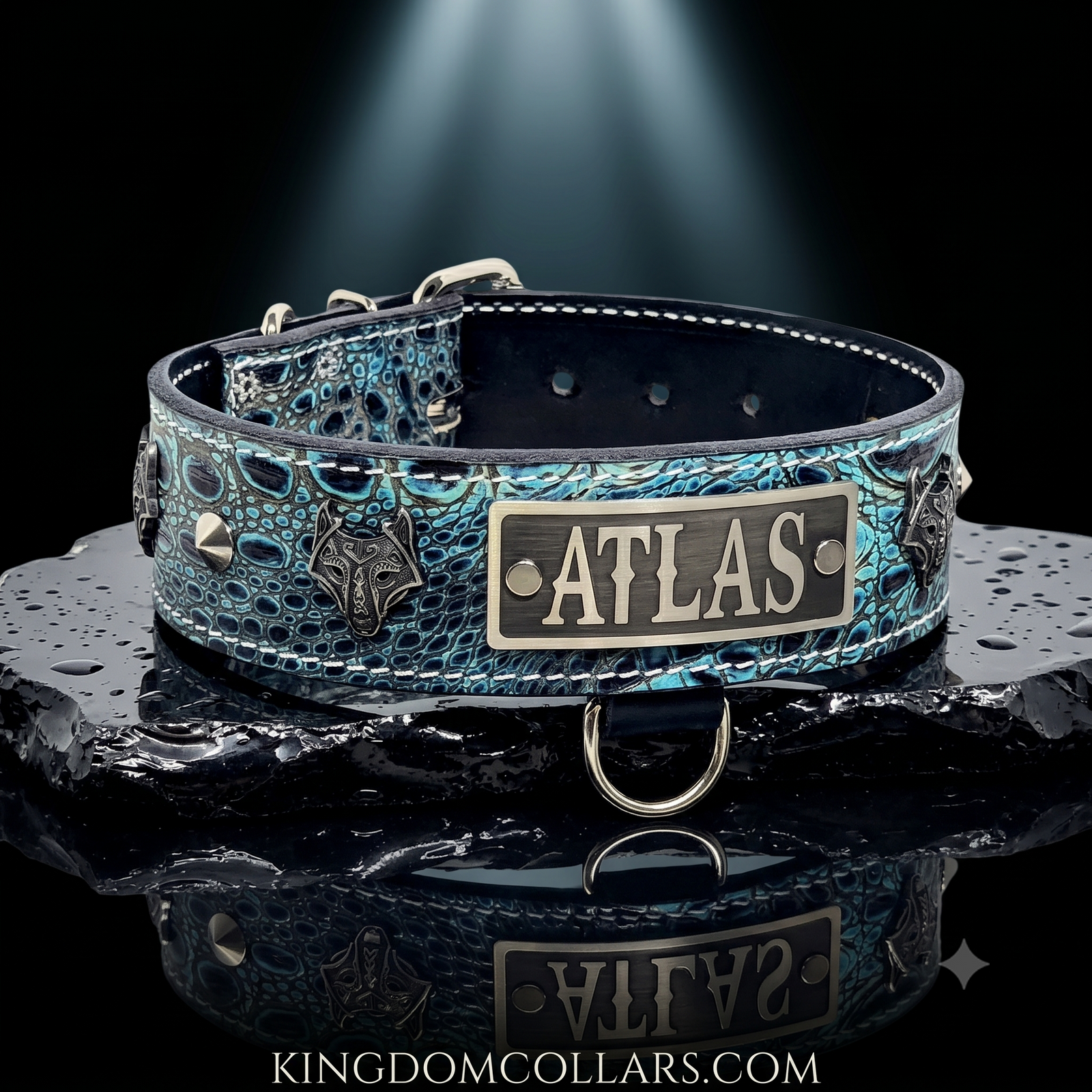 Personalized Viking Wolf Leather Dog Collar for Large Breeds | 2" Wide