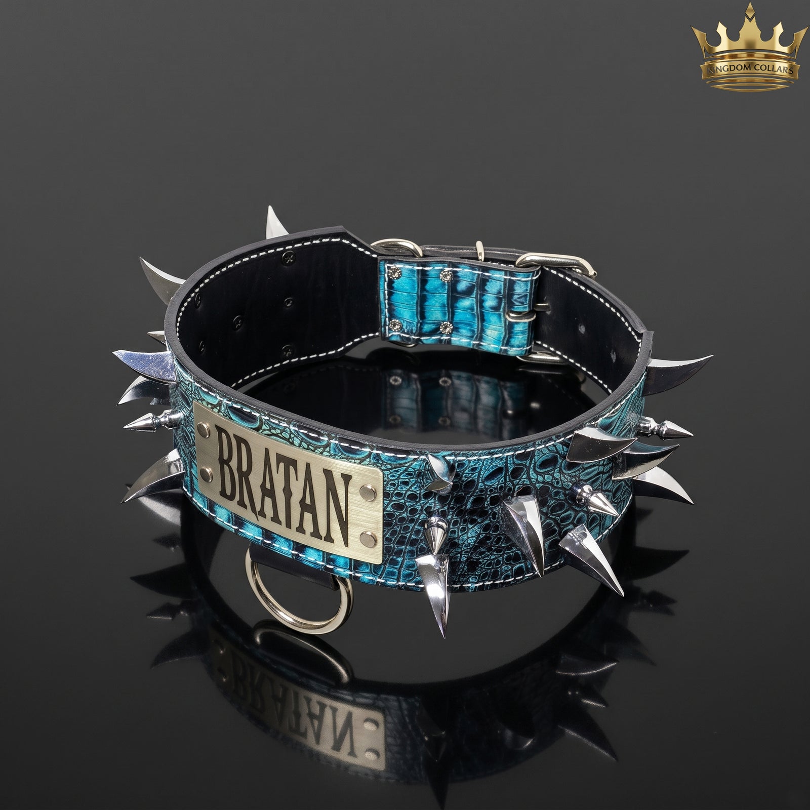 3" Wide Tapered Personalized Dragon Spiked Italian Leather Dog Collar