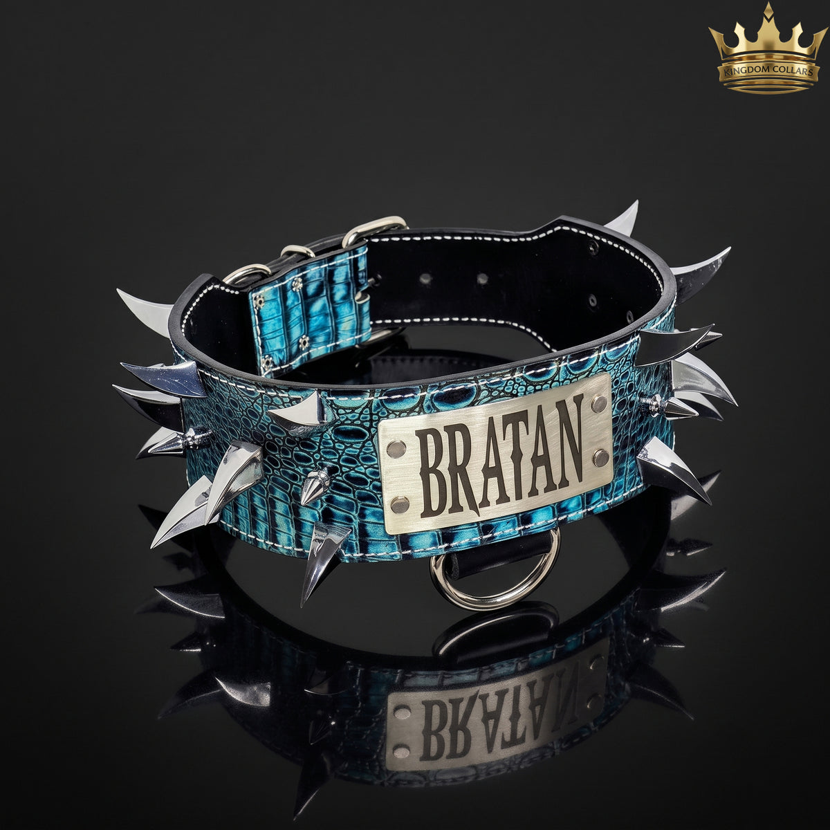 3" Wide Tapered Personalized Dragon Spiked Italian Leather Dog Collar