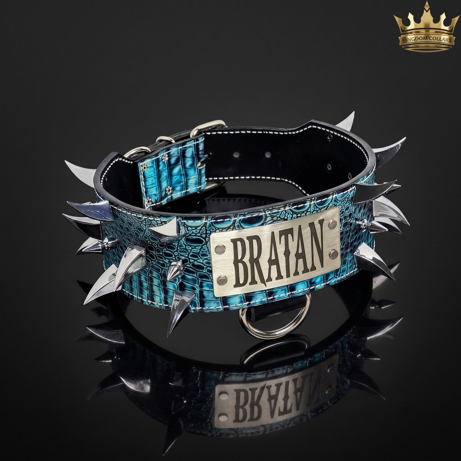 3" Wide Tapered Personalized Dragon Spiked Italian Leather Dog Collar
