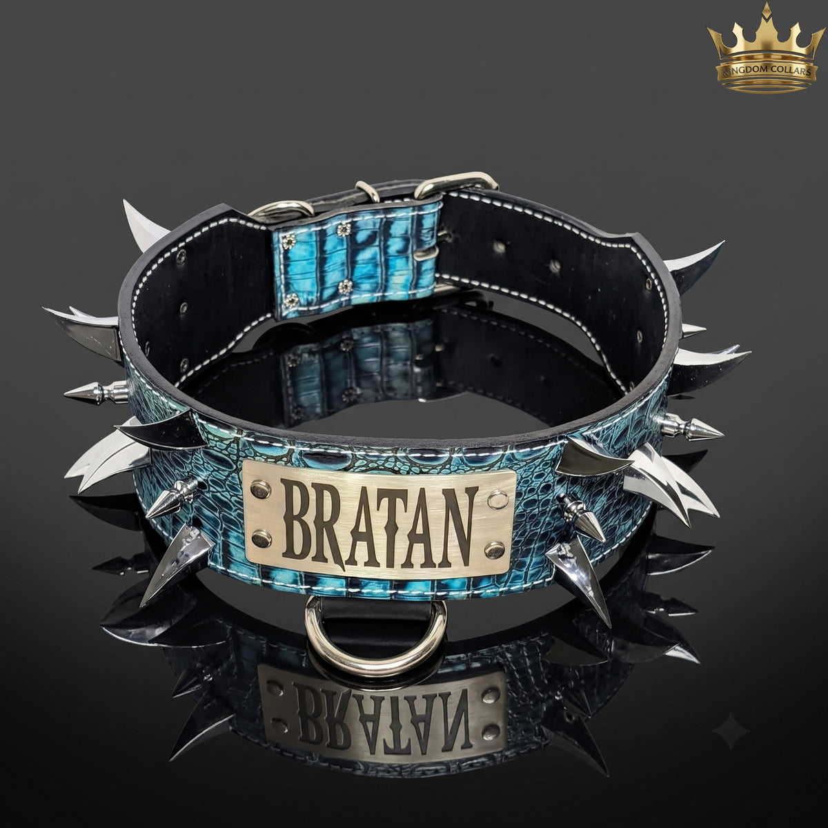 3" Wide Tapered Personalized Dragon Spiked Italian Leather Dog Collar
