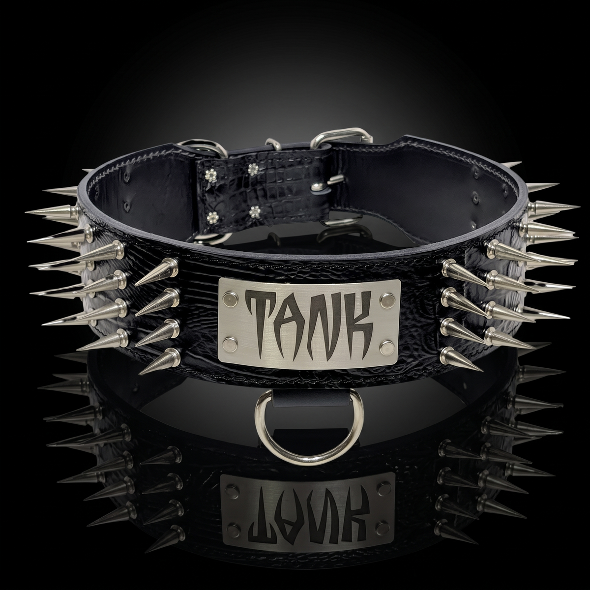 A black leather spiked collar with a silver metal plaque engraved with the word 'TANK' in a stylized font, displayed on a reflective black surface.