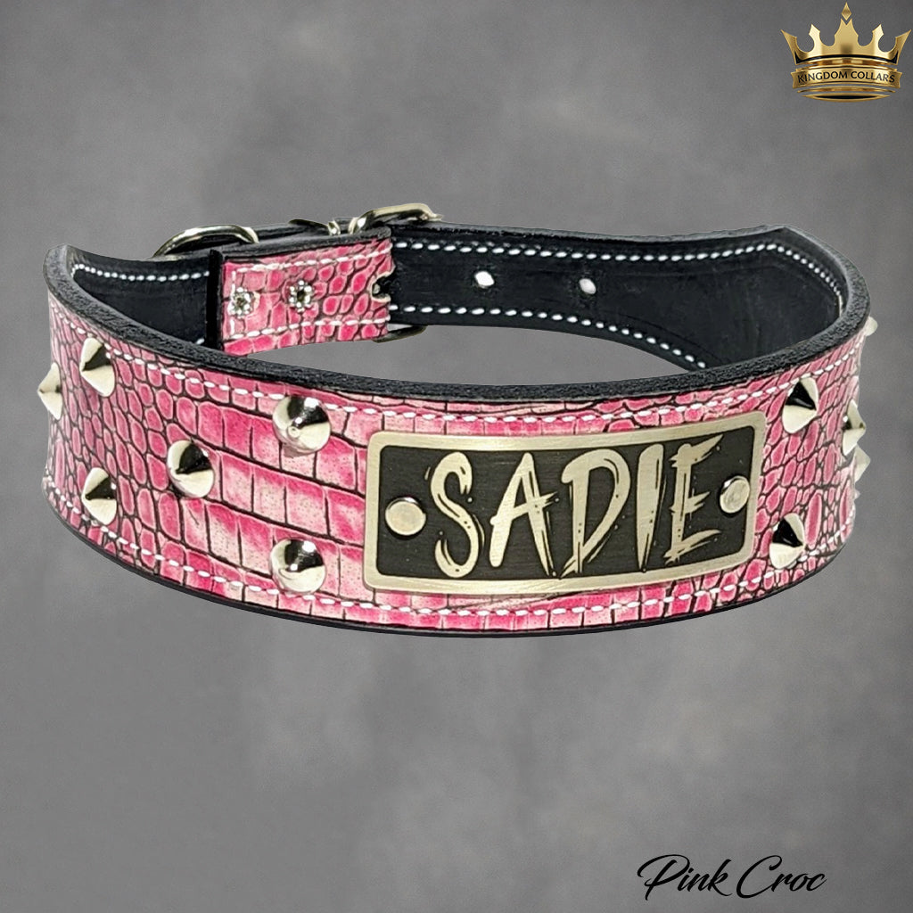 N5 - 2" Wide Tapered Personalized Leather Dog Collar with Studs