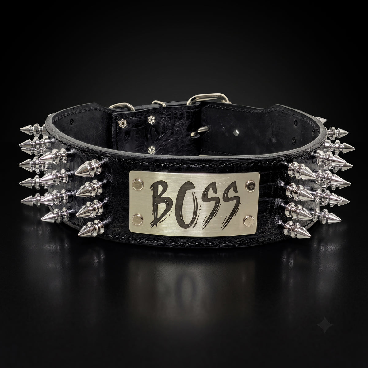 Personalized black Italian leather spiked dog collar with custom engraved nameplate and silver hardware, Kingdom Collars