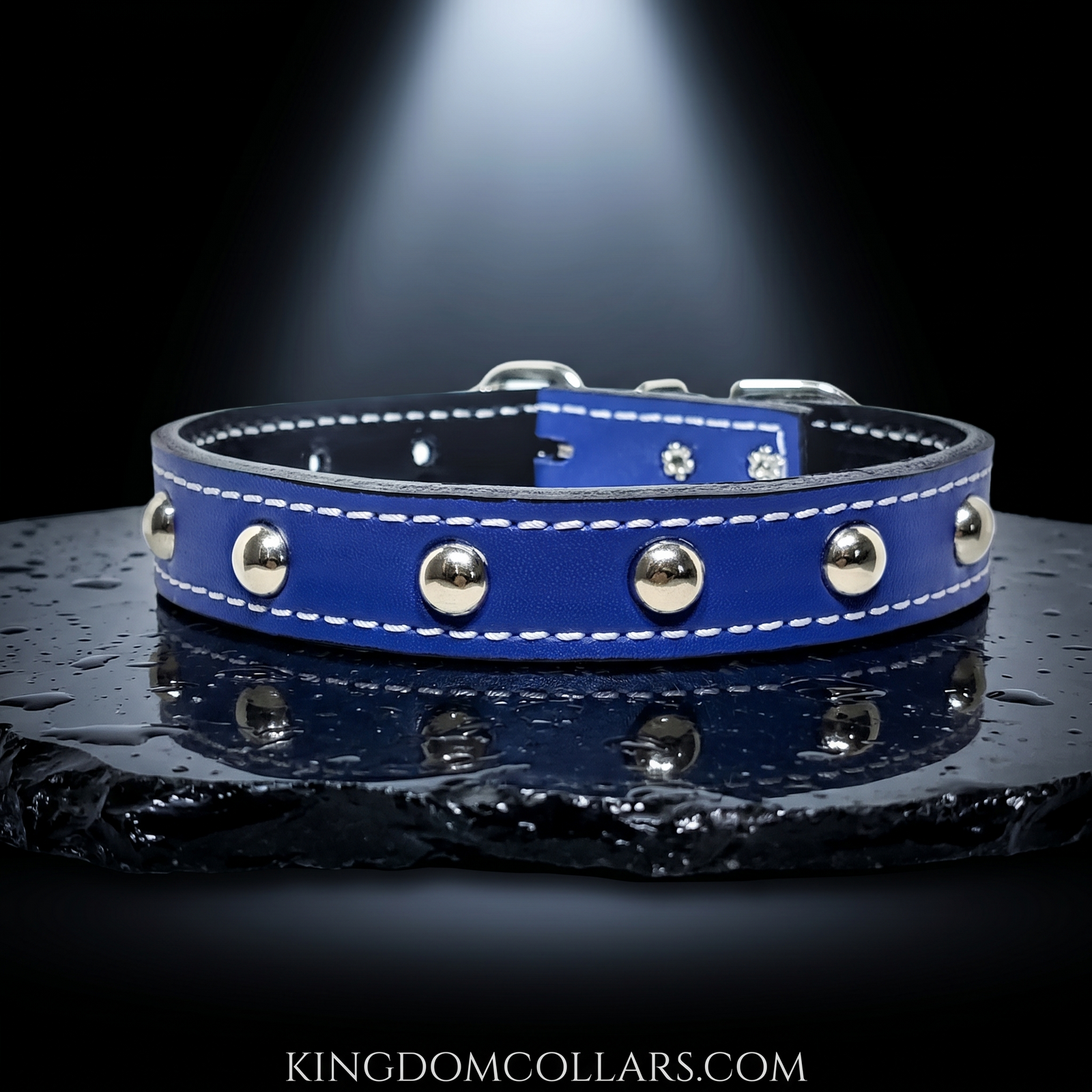 1" Wide Personalized Italian Leather Studded Dog Collar | Engraved Name Plate