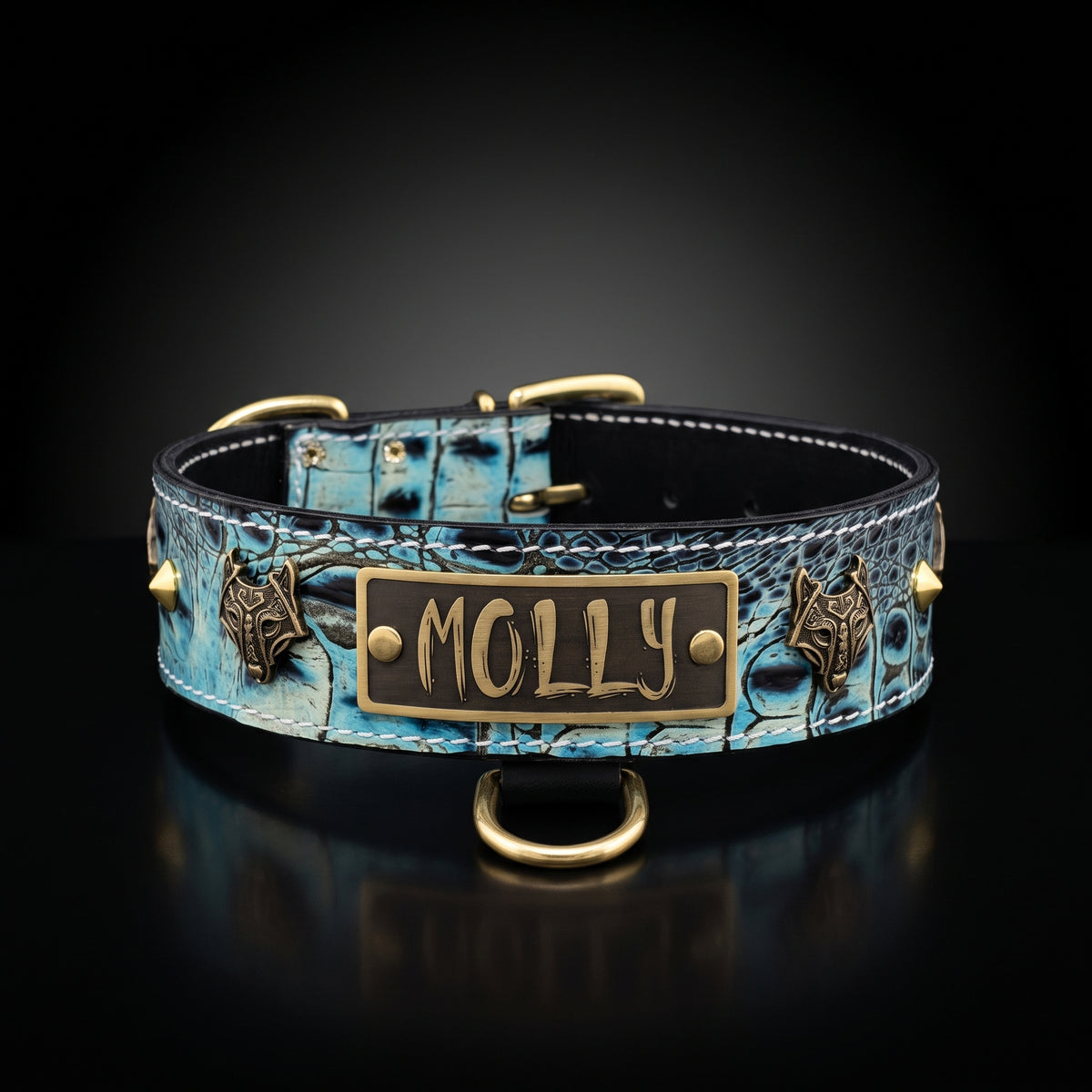 Personalized Viking Wolf Leather Dog Collar for Large Breeds | 2" Wide