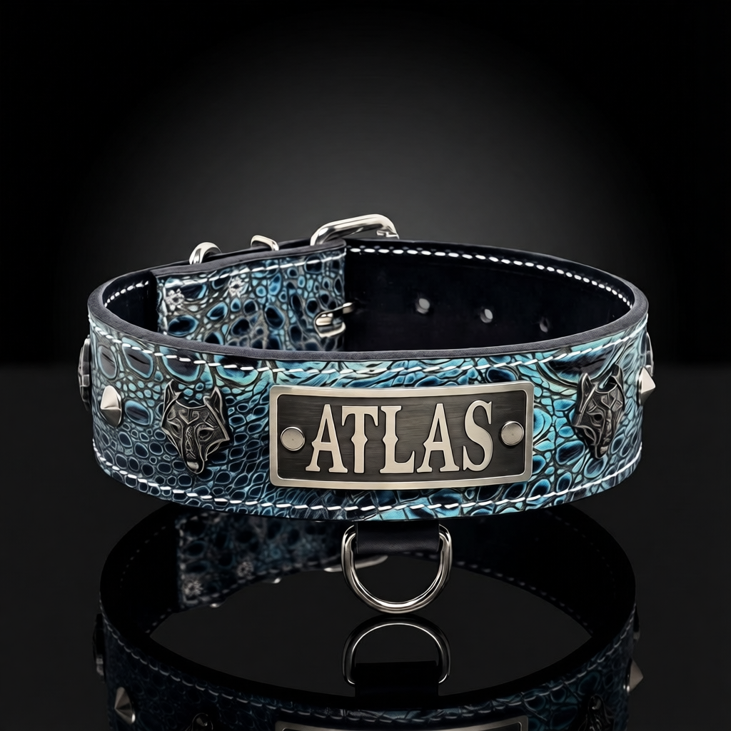 A custom dog collar with a blue and black textured alligator pattern, featuring a central silver metal plate engraved with the name 'ATLAS' and wolf head studs on the sides, displayed on a reflective black surface.