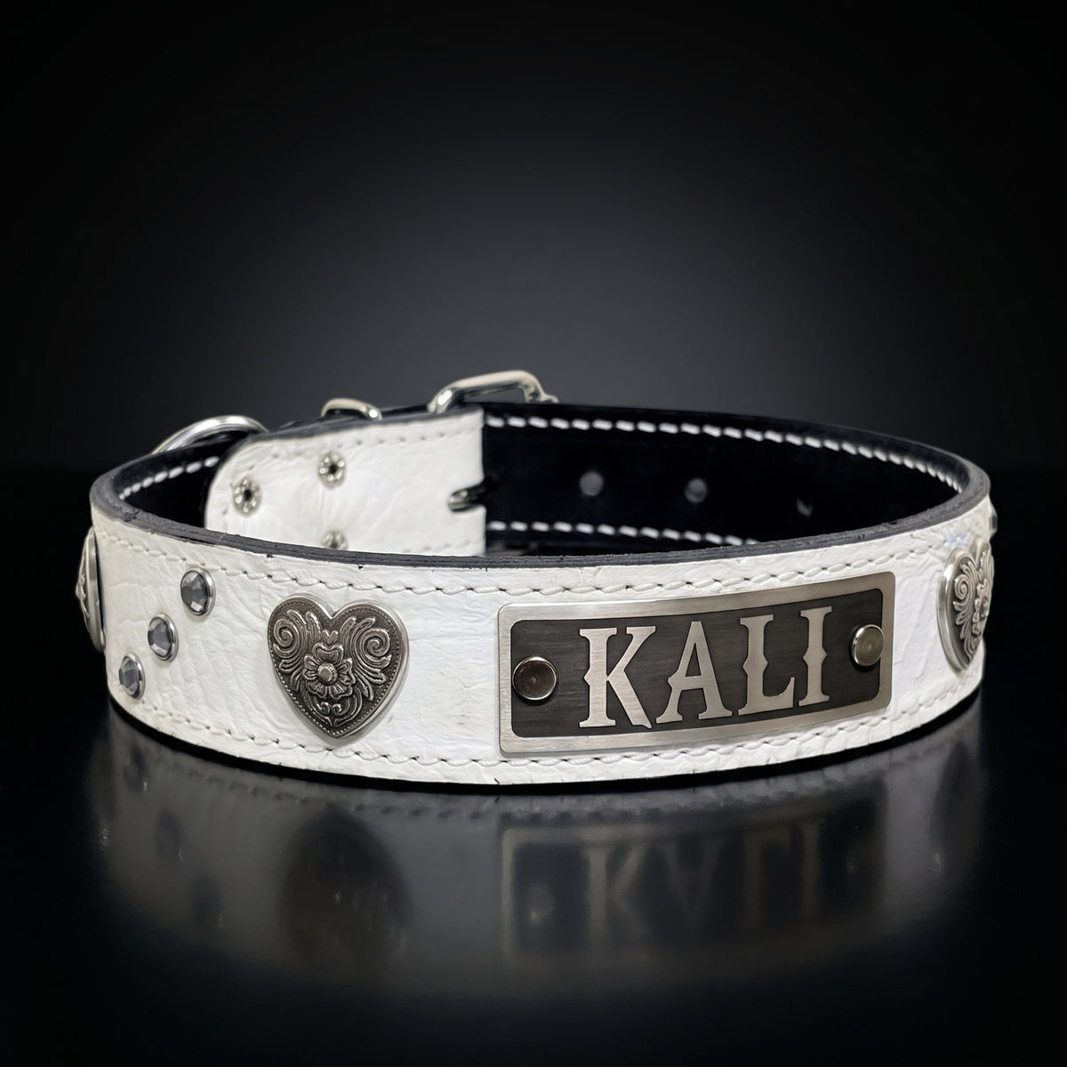 Italian Leather Name Plate Dog Collar – 1.5" Wide with Diablo Hearts & Crystal Gems