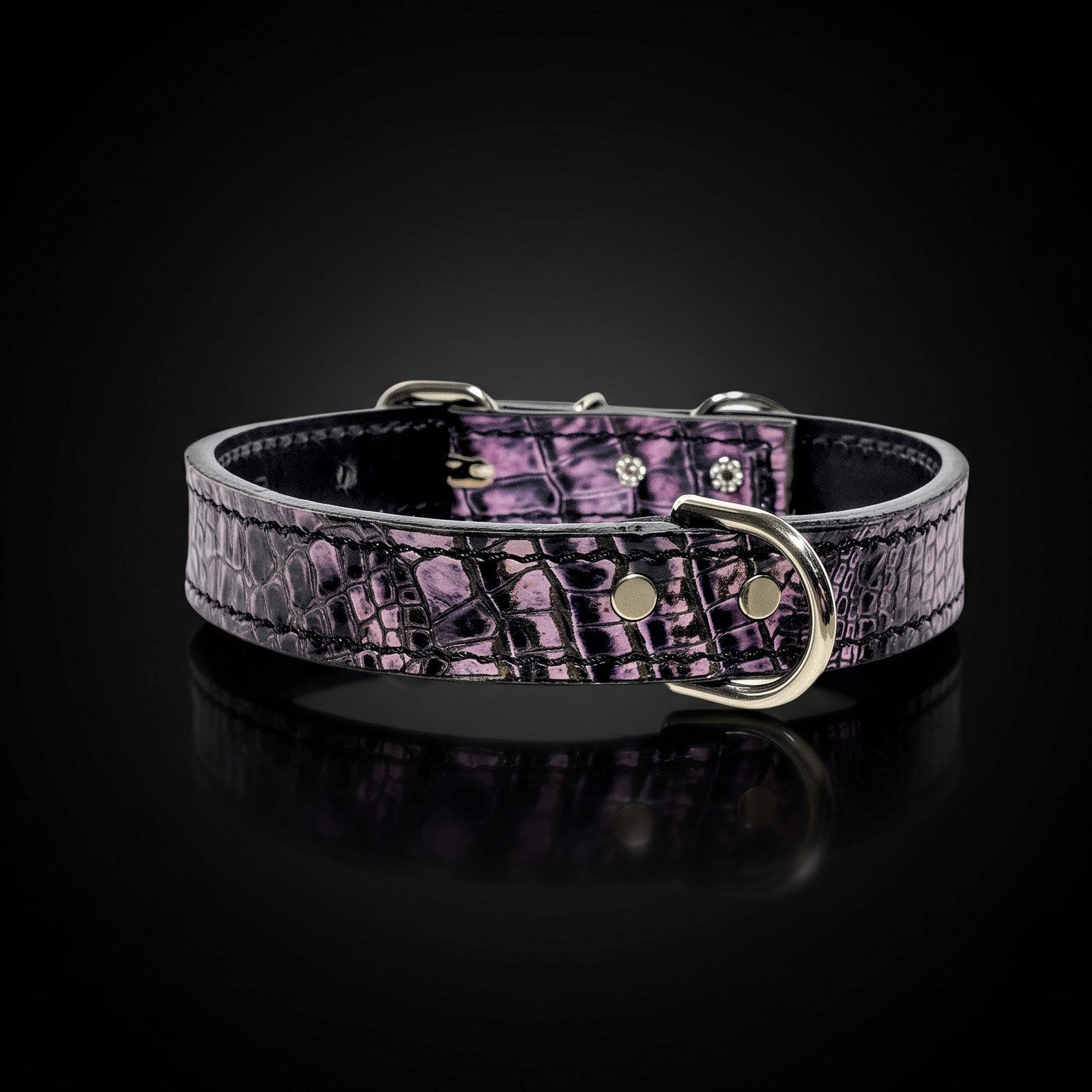 A purple crocodile-embossed leather collar with silver-tone metal hardware, displayed on a reflective black surface.