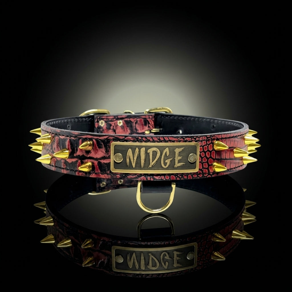 A black and red textured leather dog collar with gold-tone spikes and a central brass plate engraved with the name 'NIDGE', displayed on a reflective black surface against a dark background.