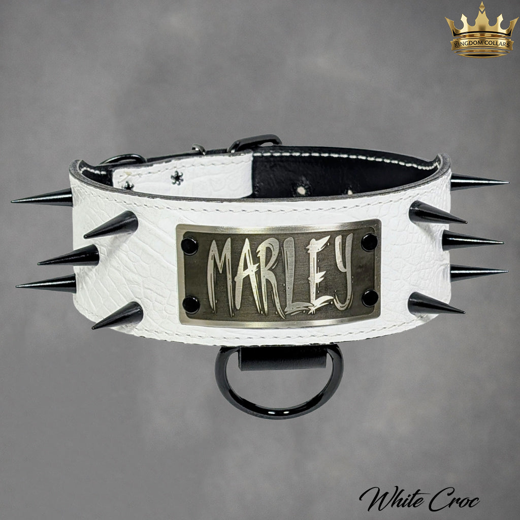 J13 - Custom 2.5" Wide Personalized Italian Leather Dog Collar with 1" Cone Spikes &amp; Engraved Name Plate