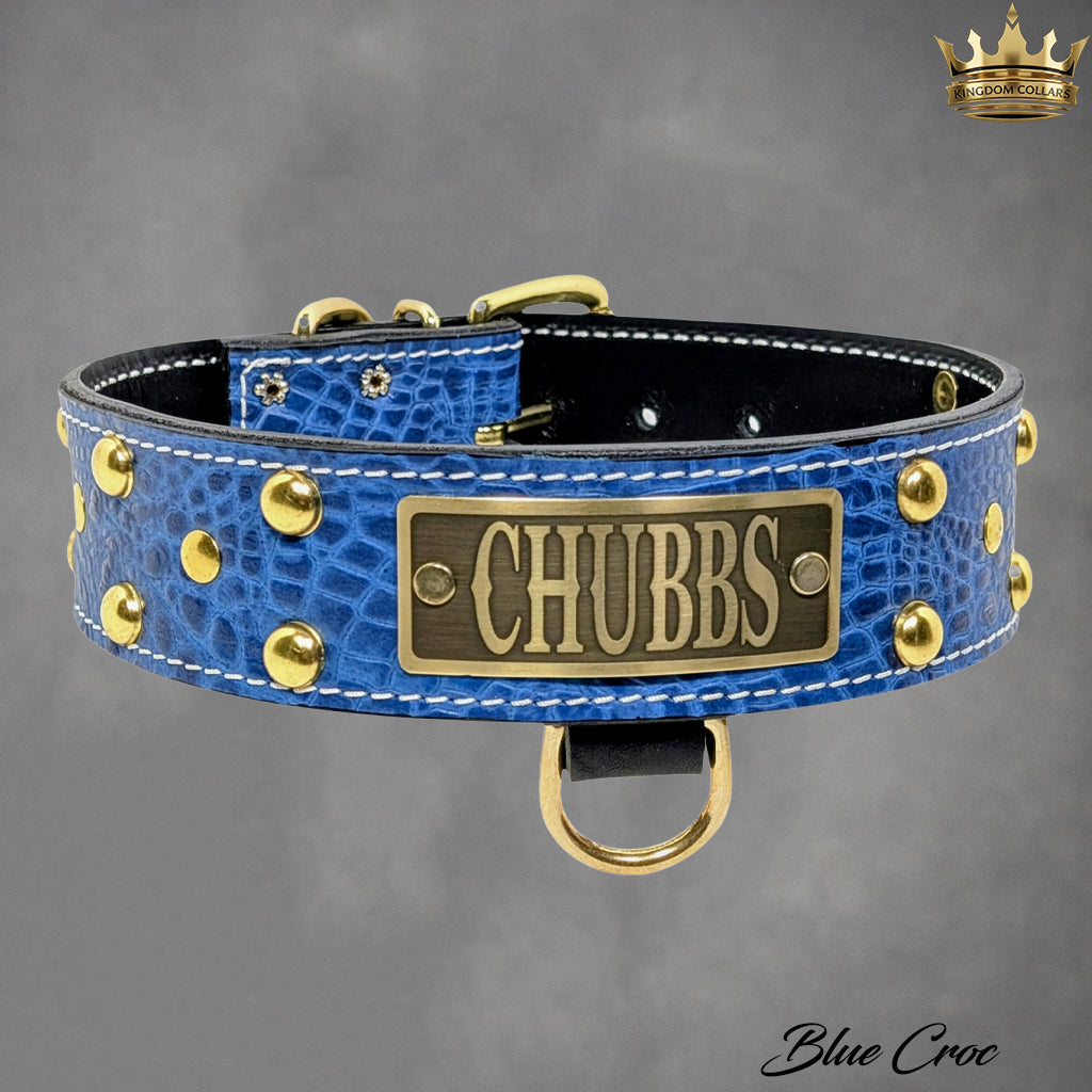 2" Wide Personalized Italian Leather Studded Dog Collar | Engraved Name Plate