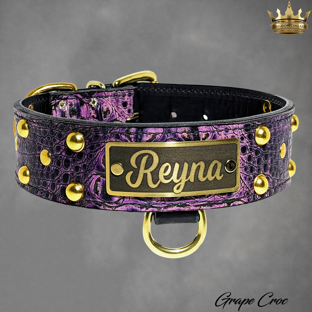 2" Wide Personalized Italian Leather Studded Dog Collar | Engraved Name Plate