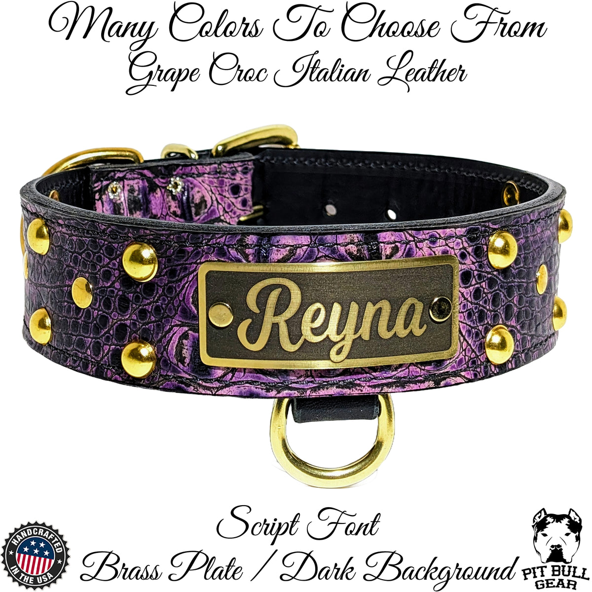 N12 - Coleira de cachorro de couro cravejada com placa de nome personalizada de 2"