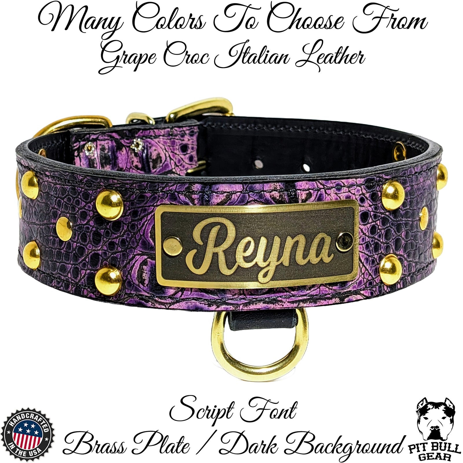 N12 - Coleira de cachorro de couro cravejada com placa de nome personalizada de 2"