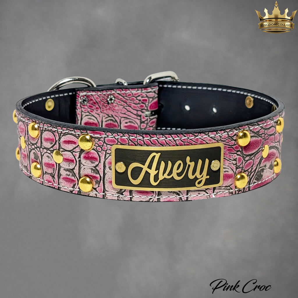 2" Wide Personalized Italian Leather Studded Dog Collar | Engraved Name Plate