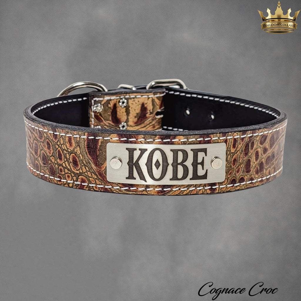 Handcrafted 1.5-inch cognac Italian leather dog collar with custom nameplate by Kingdom Collars
