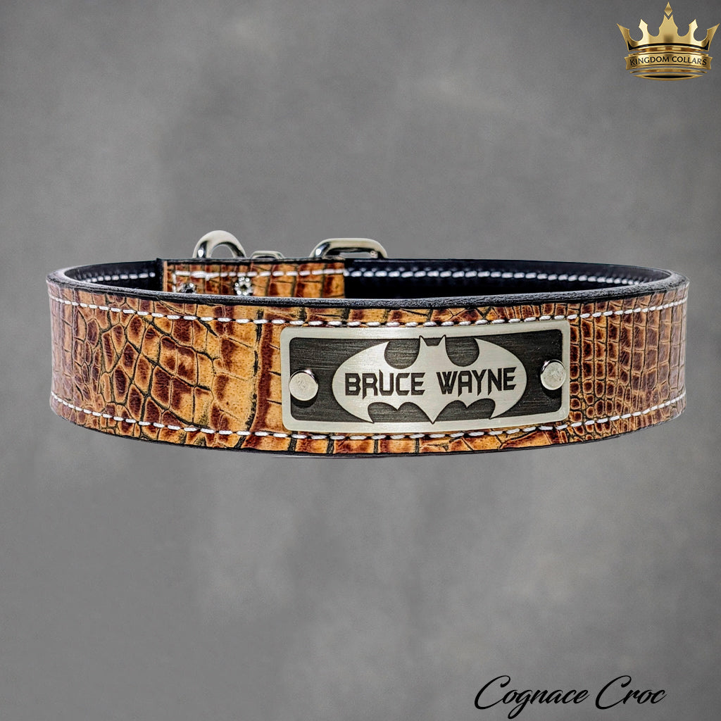1.5-inch cognac croco Italian leather dog collar with engraved nameplate by Kingdom Collars