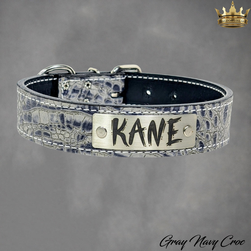1.5-inch gray and navy Italian leather dog collar with custom nameplate by Kingdom Collars