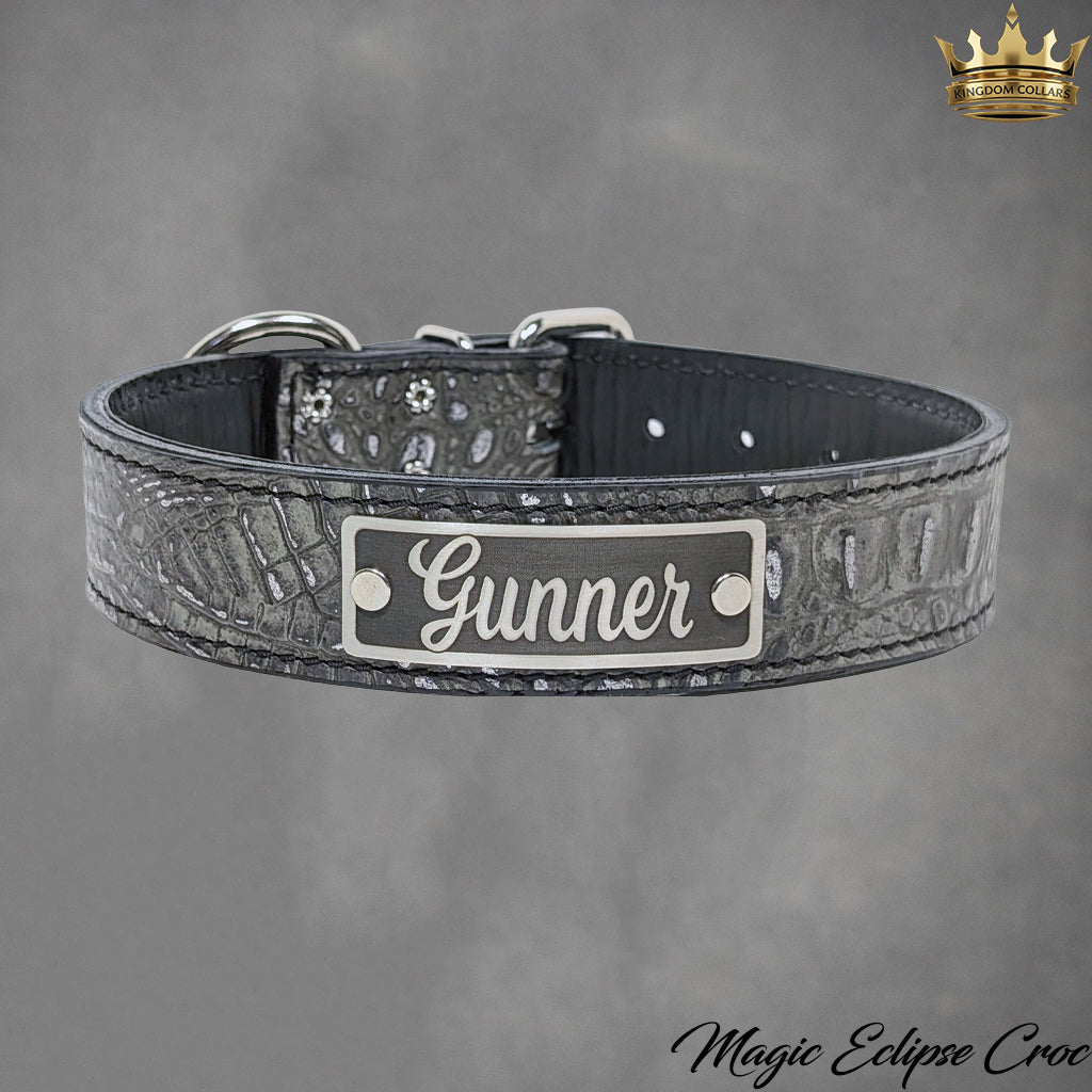 1.5-inch magic eclipse Italian leather dog collar with custom nameplate Kingdom Collars