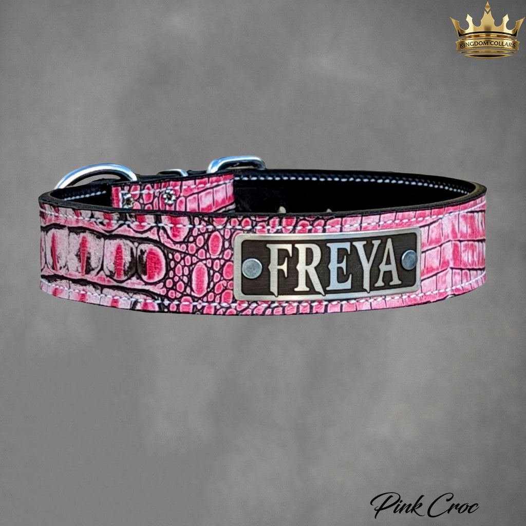 1.5-inch wide pink Italian leather dog collar with engraved nameplate by Kingdom Collars