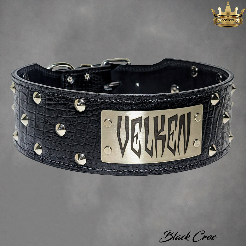 NX33 - 2.5"–3" Wide Personalized Italian Leather Studded Dog Collar | Cone Studs