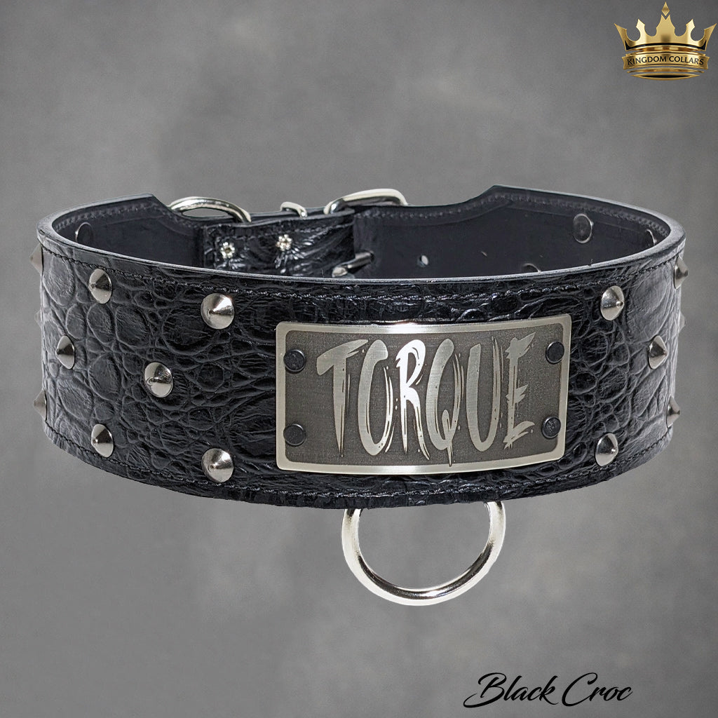 NX33 - 2.5"–3" Wide Personalized Italian Leather Studded Dog Collar | Cone Studs
