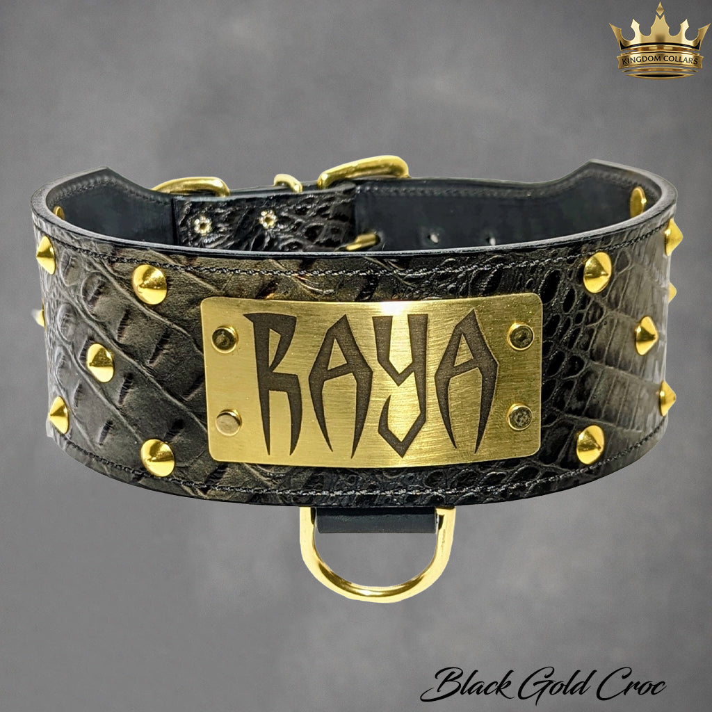 NX33 - 2.5"–3" Wide Personalized Italian Leather Studded Dog Collar | Cone Studs