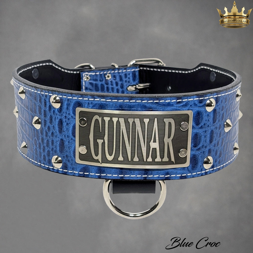 NX33 - 2.5"–3" Wide Personalized Italian Leather Studded Dog Collar | Cone Studs