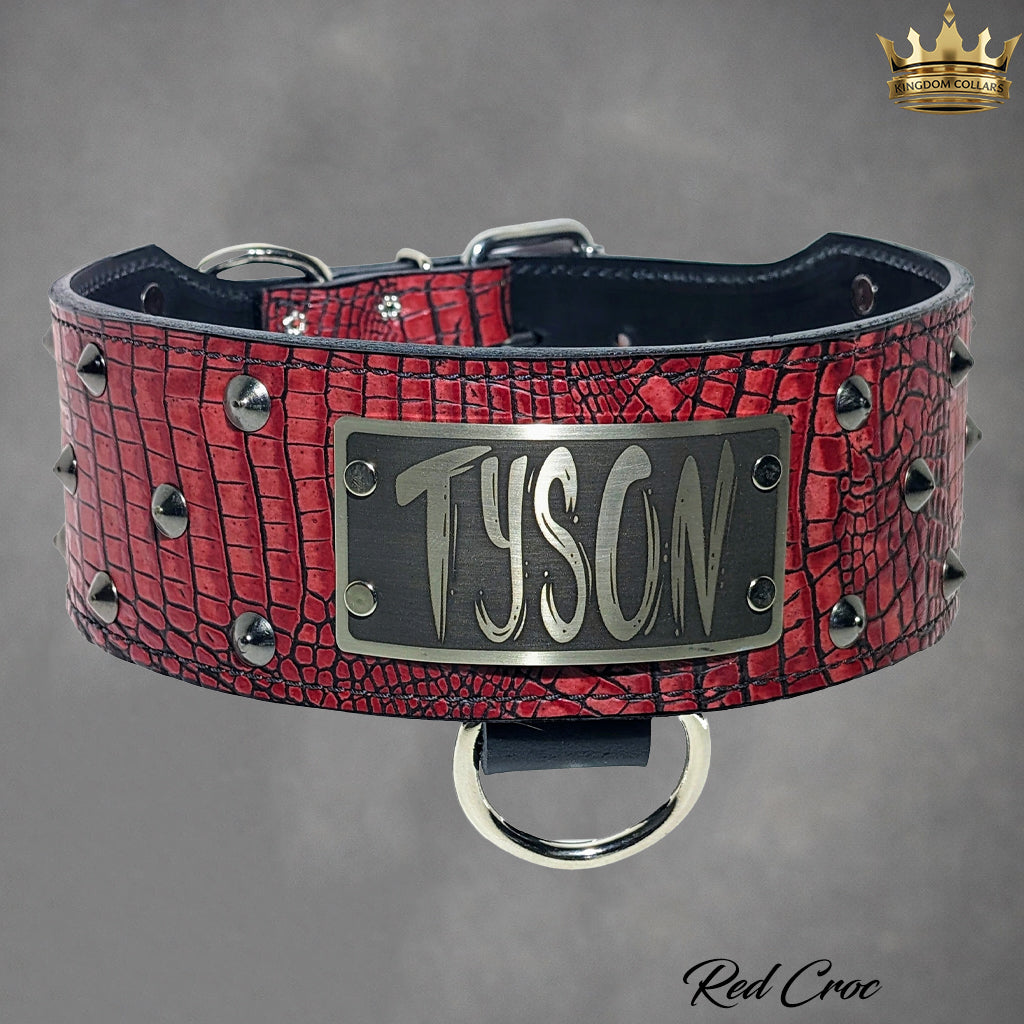NX33 - 2.5"–3" Wide Personalized Italian Leather Studded Dog Collar | Cone Studs