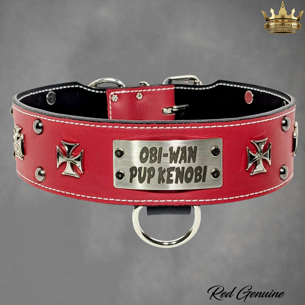 NJ7 - 2.5" Personalized Studded Leather Dog Collar with Iron Maltese Crosses