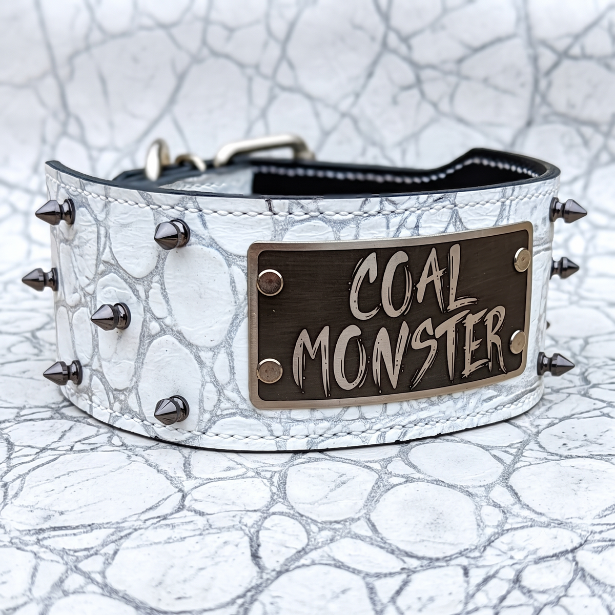 A white faux-crocodile leather dog collar with metal studs and a bronze-toned metal plate engraved with 'COAL MONSTER', shown on a textured gray and white background.
