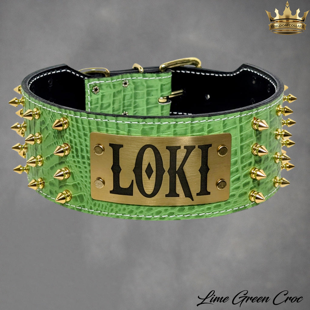 Green crocodile-patterned dog collar with gold spikes and 'LOKI' plaque on a gray background