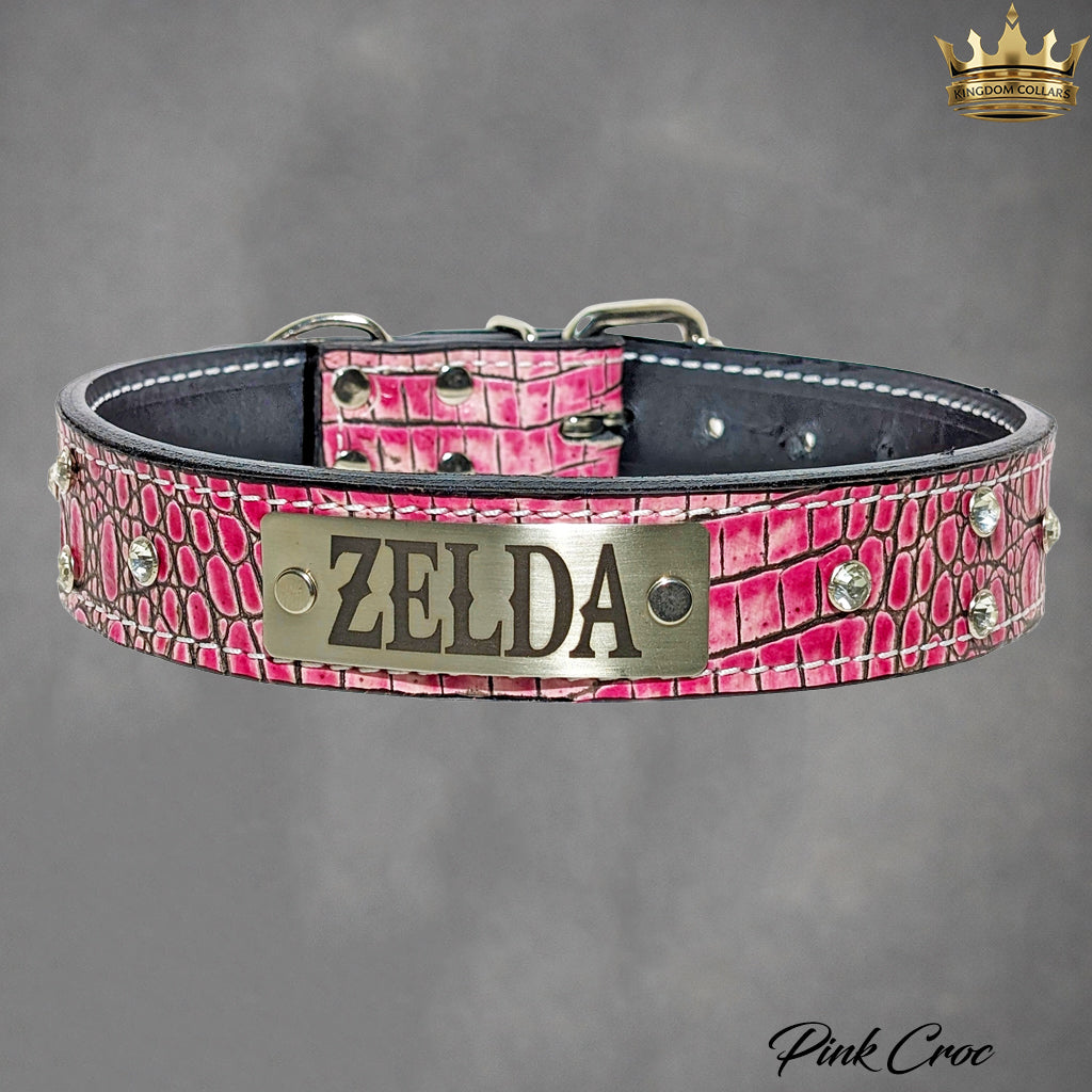 N11 - 1 1/2" placa de identificação coleira de cachorro de couro com pedras preciosas